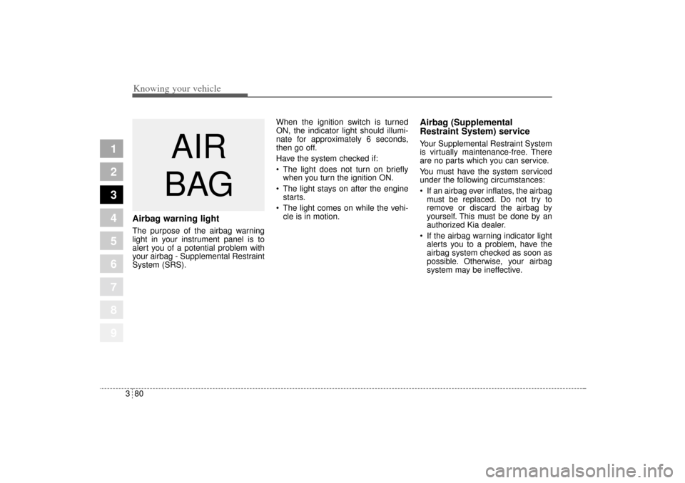 KIA Sportage 2005 JE_ / 2.G Owners Manual Knowing your vehicle80 3
1
2
3
4
5
6
7
8
9
Airbag warning lightThe purpose of the airbag warning
light in your instrument panel is to
alert you of a potential problem with
your airbag - Supplemental R KIA Sportage 2005 JE_ / 2.G Owners Manual Knowing your vehicle80 3
1
2
3
4
5
6
7
8
9
Airbag warning lightThe purpose of the airbag warning
light in your instrument panel is to
alert you of a potential problem with
your airbag - Supplemental R