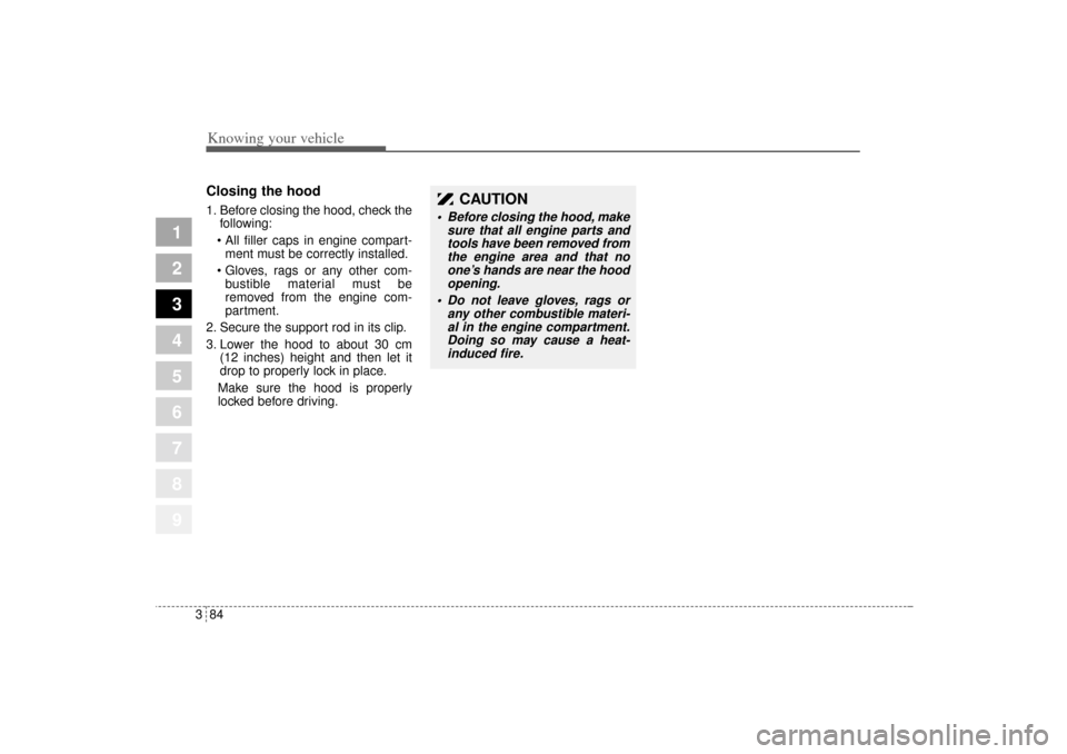 KIA Sportage 2005 JE_ / 2.G Owners Manual Knowing your vehicle84 3
1
2
3
4
5
6
7
8
9
Closing the hood1. Before closing the hood, check the
following:
 All filler caps in engine compart-
ment must be correctly installed.
 Gloves, rags or any