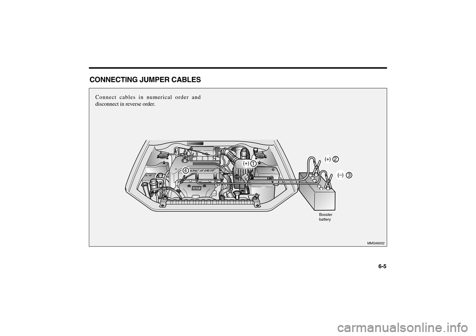 KIA Magnetis 2006 2.G Owners Manual 2
3
(+)
_( )
1
(+)
4
6-5 Connect cables in numerical order and
disconnect in reverse order.
CONNECTING JUMPER CABLES
Booster
battery
MMSA6002
MS-CNA-Eng 6.QXD 7/25/2005 5:13 PM Page 5 KIA Magnetis 2006 2.G Owners Manual 2
3
(+)
_( )
1
(+)
4
6-5 Connect cables in numerical order and
disconnect in reverse order.
CONNECTING JUMPER CABLES
Booster
battery
MMSA6002
MS-CNA-Eng 6.QXD 7/25/2005 5:13 PM Page 5