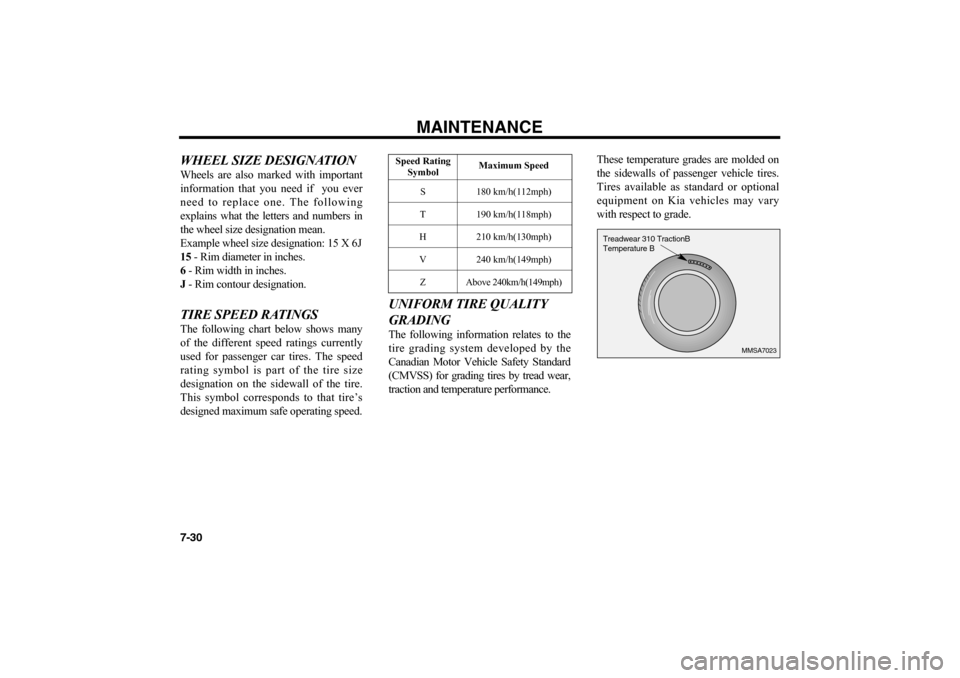 KIA Optima 2006 2.G Owners Manual MAINTENANCE
7-30WHEEL SIZE DESIGNATIONWheels are also marked with important
information that you need if you ever
need to replace one. The following
explains what the letters and numbers in
the wheel KIA Optima 2006 2.G Owners Manual MAINTENANCE
7-30WHEEL SIZE DESIGNATIONWheels are also marked with important
information that you need if you ever
need to replace one. The following
explains what the letters and numbers in
the wheel