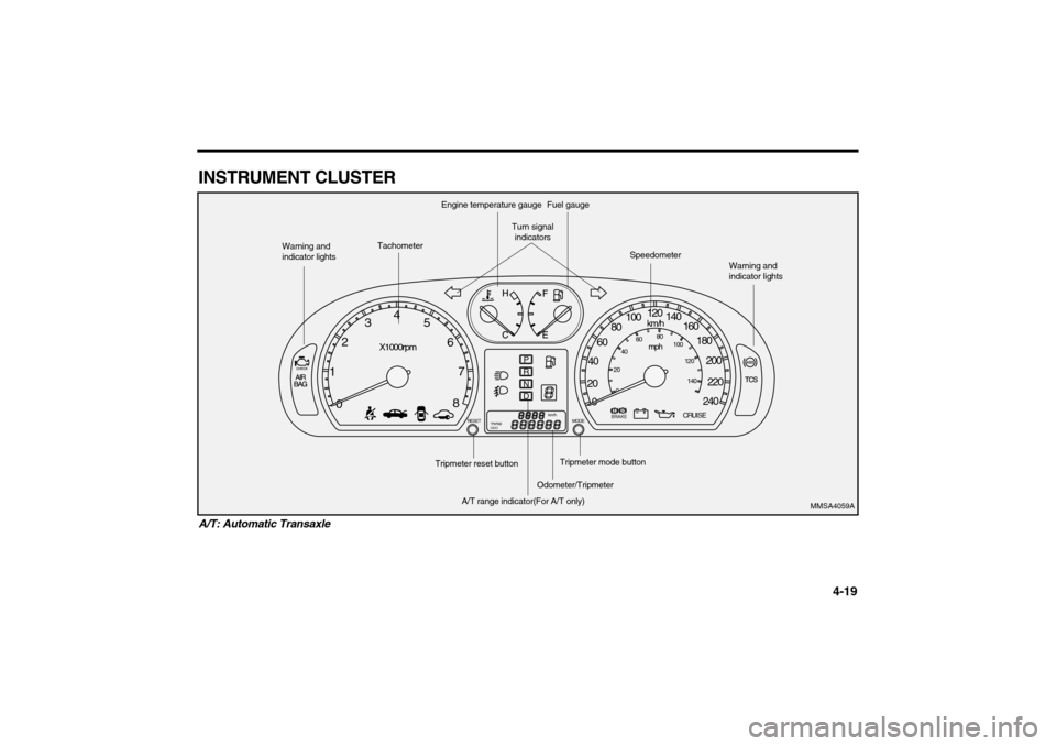 KIA Magnetis 2006 2.G Owners Manual INSTRUMENT CLUSTER
4-19
A/T: Automatic Transaxle
0 1234
5
6
7
8
X1000rpm
PRND
RESET MODE
BRAKE
CRUISE
TRIPAB
ODO
km/h
0 20406080100120
140
160
180
200
220
240
km/hmph
0 20406080
100
120
140
MMSA4059A
KIA Magnetis 2006 2.G Owners Manual INSTRUMENT CLUSTER
4-19
A/T: Automatic Transaxle
0 1234
5
6
7
8
X1000rpm
PRND
RESET MODE
BRAKE
CRUISE
TRIPAB
ODO
km/h
0 20406080100120
140
160
180
200
220
240
km/hmph
0 20406080
100
120
140
MMSA4059A