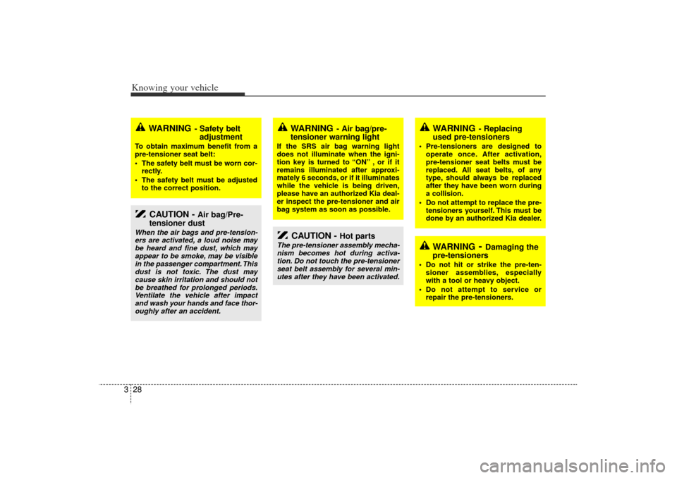 KIA Rio 2006 2.G Owners Manual Knowing your vehicle28
3
CAUTION - 
Air bag/Pre-
tensioner dust
When the air bags and pre-tension-
ers are activated, a loud noise may
be heard and fine dust, which may
appear to be smoke, may be visi
