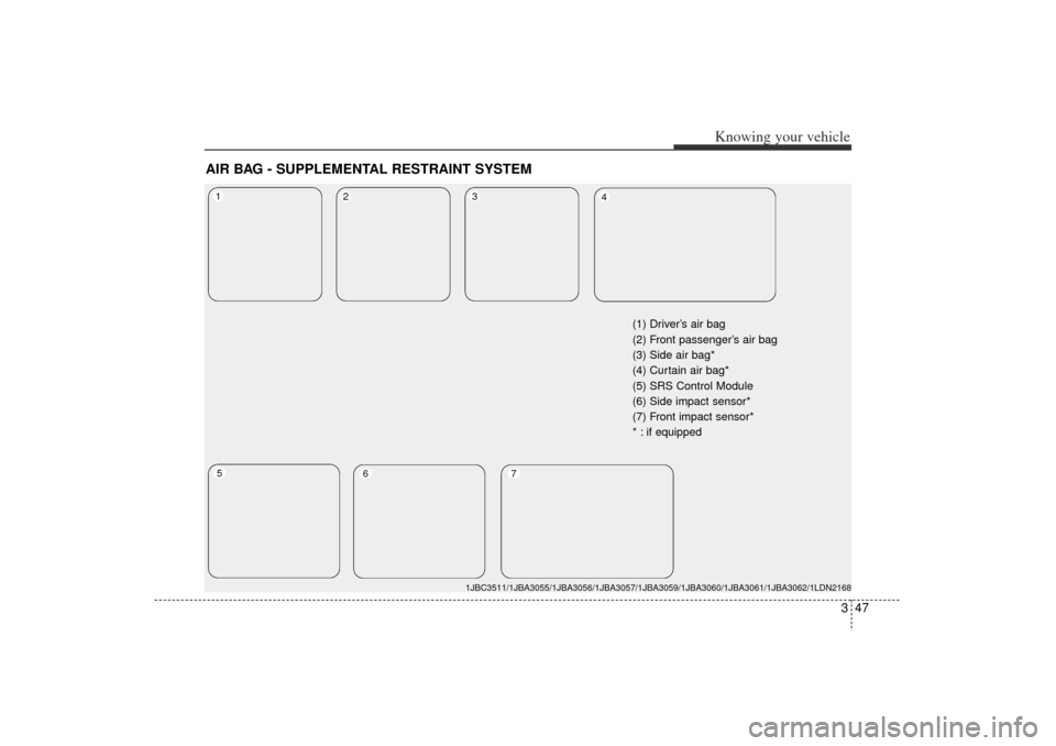 KIA Rio 2006 2.G Owners Manual 347
Knowing your vehicle
AIR BAG - SUPPLEMENTAL RESTRAINT SYSTEM
1JBC3511/1JBA3055/1JBA3056/1JBA3057/1JBA3059/1JBA3060/1JBA3061/1JBA3062/\
1LDN2168
1
2
3
5
4
6
7
(1) Driver’s air bag
(2) Front pass KIA Rio 2006 2.G Owners Manual 347
Knowing your vehicle
AIR BAG - SUPPLEMENTAL RESTRAINT SYSTEM
1JBC3511/1JBA3055/1JBA3056/1JBA3057/1JBA3059/1JBA3060/1JBA3061/1JBA3062/\
1LDN2168
1
2
3
5
4
6
7
(1) Driver’s air bag
(2) Front pass