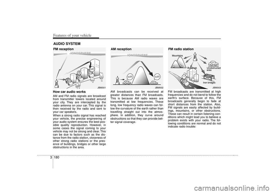 KIA Sedona 2006 1.G Owners Manual Features of your vehicle180
3How car audio worksAM and FM radio signals are broadcast
from transmitter towers located around
your city. They are intercepted by the
radio antenna on your car. This sign
