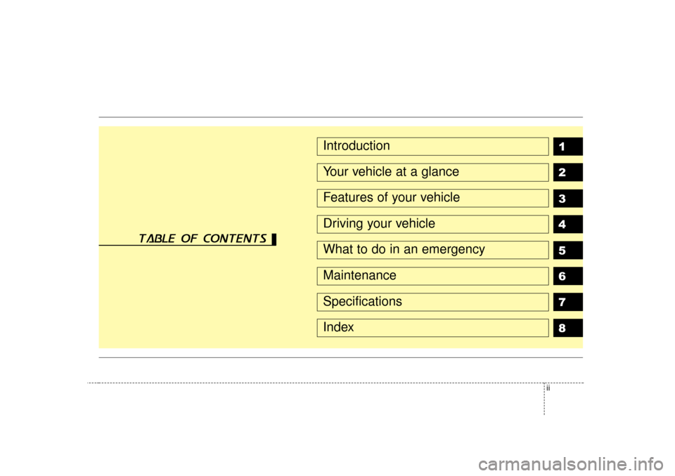 KIA Sedona 2006 1.G Owners Manual ii
1
2
3
4
5
6
7
8
IntroductionYour vehicle at a glanceFeatures of your vehicleDriving your vehicleWhat to do in an emergencyMaintenanceSpecificationsIndex
table of contents KIA Sedona 2006 1.G Owners Manual ii
1
2
3
4
5
6
7
8
IntroductionYour vehicle at a glanceFeatures of your vehicleDriving your vehicleWhat to do in an emergencyMaintenanceSpecificationsIndex
table of contents