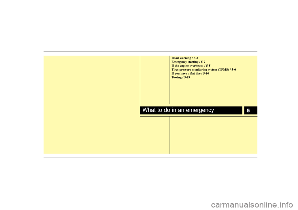 KIA Sedona 2006 1.G Owners Manual 5
Road warning / 5-2
Emergency starting / 5-2
If the engine overheats  / 5-5
Tires pressure monitoring system (TPMS) / 5-6
If you have a flat tire / 5-10
Towing / 5-19
What to do in an emergency 