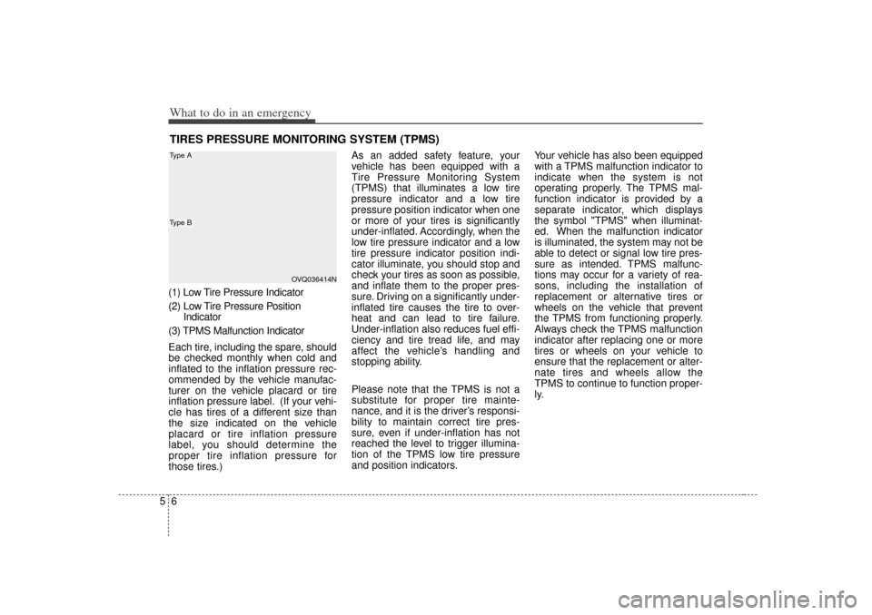 KIA Sedona 2006 1.G Owners Manual What to do in an emergency65TIRES PRESSURE MONITORING SYSTEM (TPMS)(1) Low Tire Pressure Indicator
(2) Low Tire Pressure PositionIndicator
(3) TPMS Malfunction Indicator
Each tire, including the spare