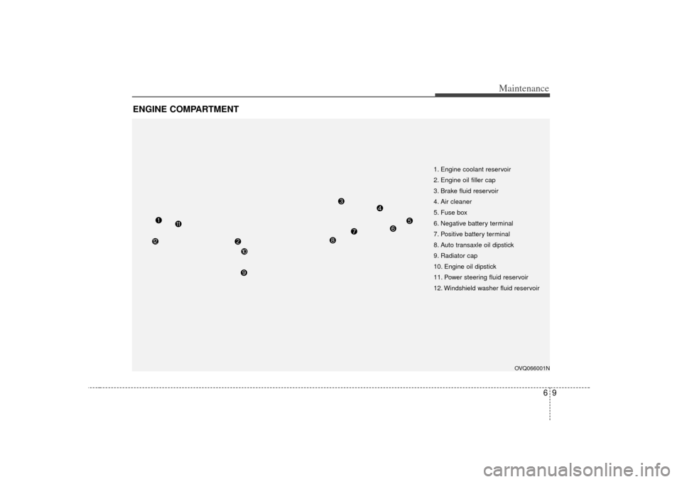 KIA Sedona 2006 1.G Owners Manual 69
Maintenance
ENGINE COMPARTMENT 
OVQ066001N
1. Engine coolant reservoir
2. Engine oil filler cap
3. Brake fluid reservoir
4. Air cleaner
5. Fuse box
6. Negative battery terminal
7. Positive battery 