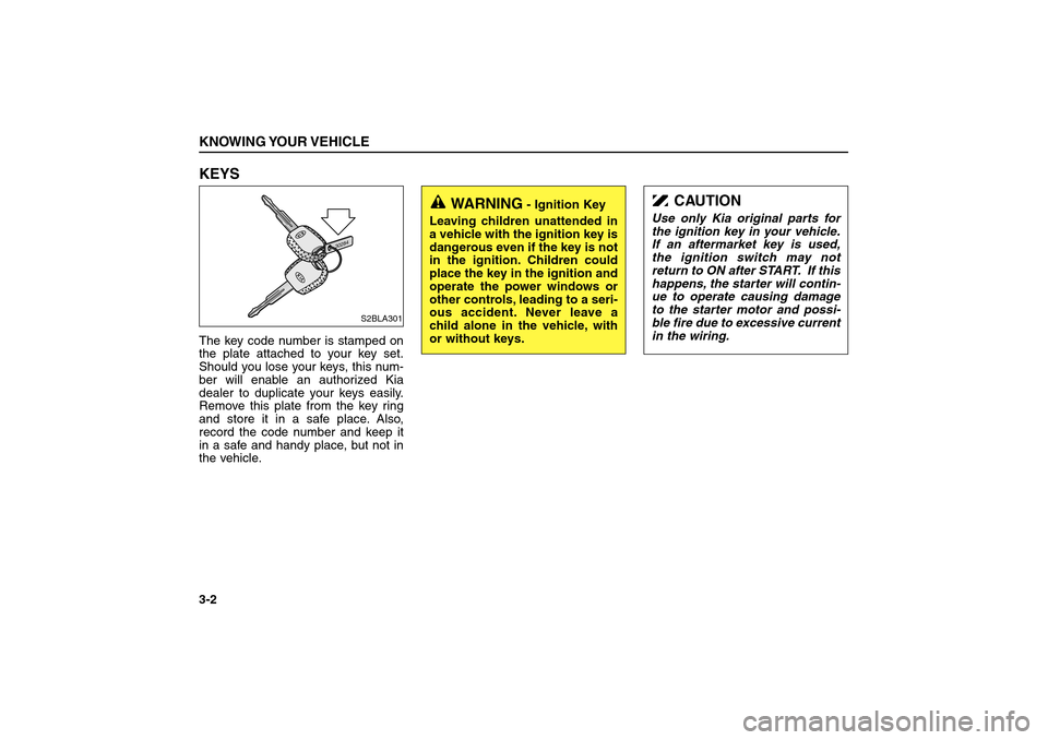 KIA Sorento 2006 1.G Owners Manual KEYSThe key code number is stamped on
the plate attached to your key set.
Should you lose your keys, this num-
ber will enable an authorized Kia
dealer to duplicate your keys easily.
Remove this plate