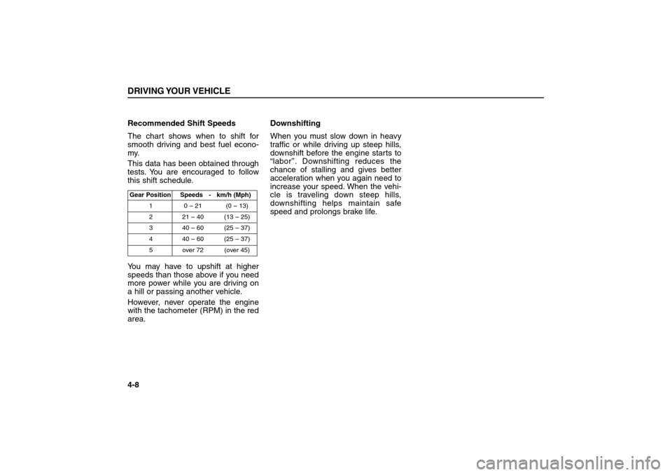 KIA Sorento 2006 1.G User Guide Recommended Shift Speeds
The chart shows when to shift for
smooth driving and best fuel econo-
my.
This data has been obtained through
tests. You are encouraged to follow
this shift schedule.
You may 