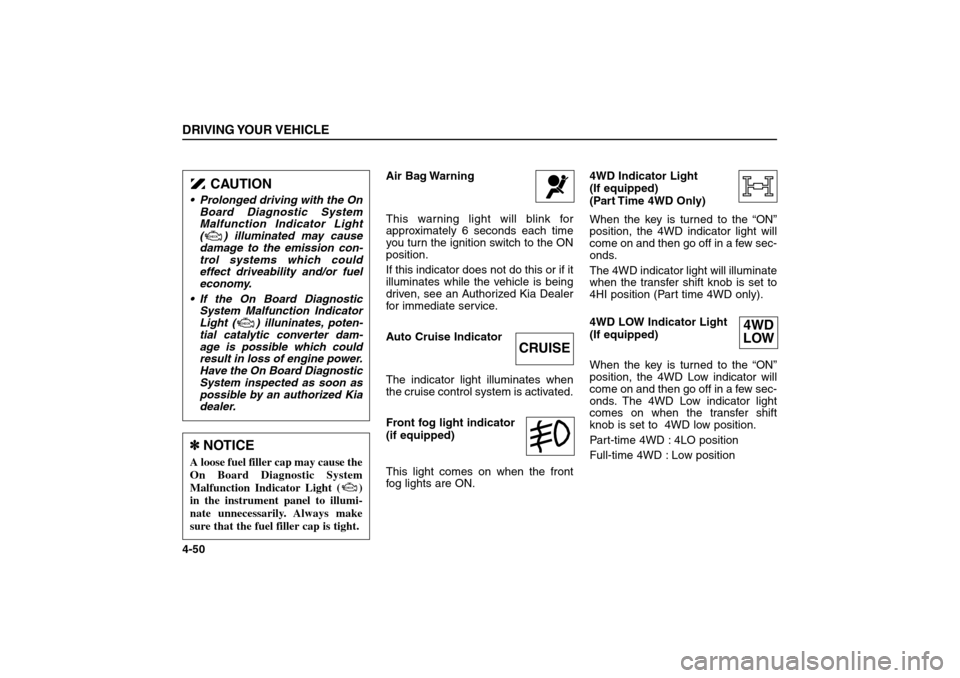 KIA Sorento 2006 1.G Owners Manual Air Bag Warning 
This warning light will blink for
approximately 6 seconds each time
you turn the ignition switch to the ON
position.
If this indicator does not do this or if it
illuminates while the 