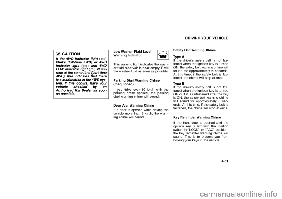 KIA Sorento 2006 1.G Owners Manual Low Washer Fluid Level
Warning Indicator 
This warning light indicates the wash-
er fluid reservoir is near empty. Refill
the washer fluid as soon as possible.
Parking Start Warning Chime
(If equipped