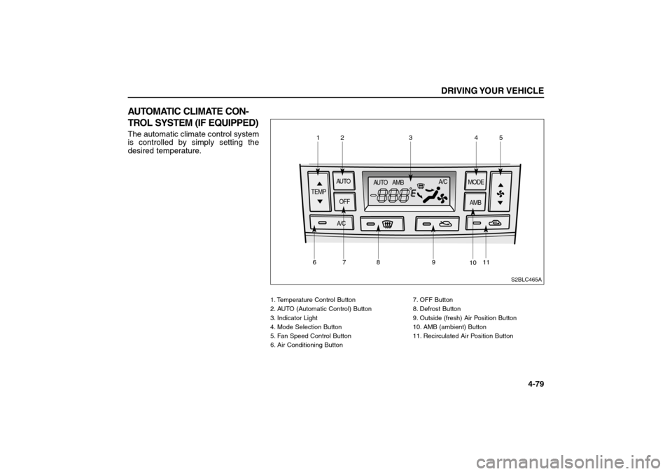 KIA Sorento 2006 1.G Owners Manual AUTOMATIC CLIMATE CON-
TROL SYSTEM (IF EQUIPPED)The automatic climate control system
is controlled by simply setting the
desired temperature.
DRIVING YOUR VEHICLE
4-79
AUTO
AUTO AMB
OFF TEMPMODE
AMB
A