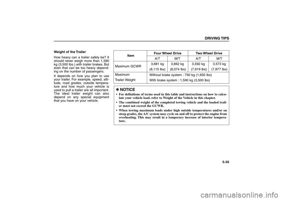 KIA Sorento 2006 1.G Owners Manual Weight of the Trailer
How heavy can a trailer safely be? It
should never weigh more than 1,590
kg (3,500 lbs.) with trailer brakes. But
even that can be too heavy depend-
ing on the number of passenge