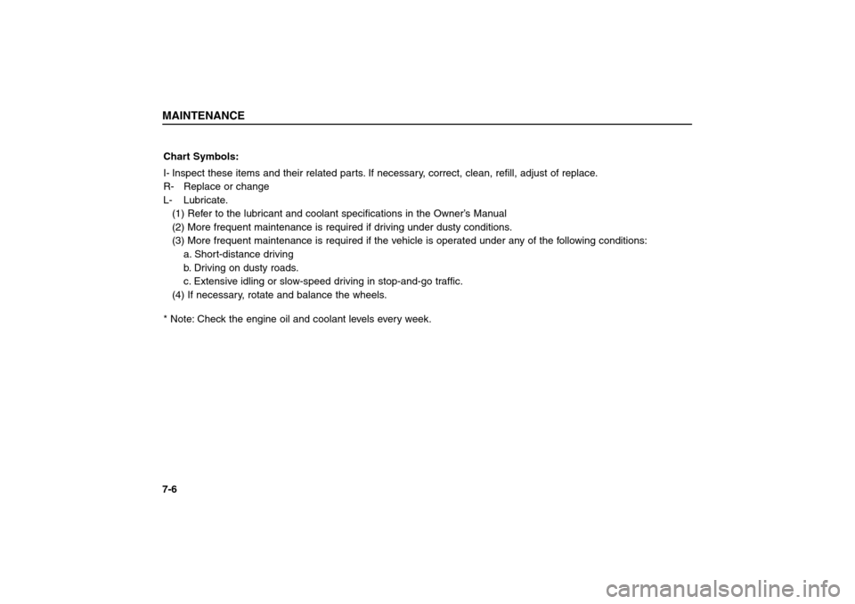 KIA Sorento 2006 1.G Owners Guide MAINTENANCE7-6Chart Symbols:
I- Inspect these items and their related parts. If necessary, correct, clean, refill, adjust of replace.
R- Replace or change
L- Lubricate.
(1) Refer to the lubricant and KIA Sorento 2006 1.G Owners Guide MAINTENANCE7-6Chart Symbols:
I- Inspect these items and their related parts. If necessary, correct, clean, refill, adjust of replace.
R- Replace or change
L- Lubricate.
(1) Refer to the lubricant and