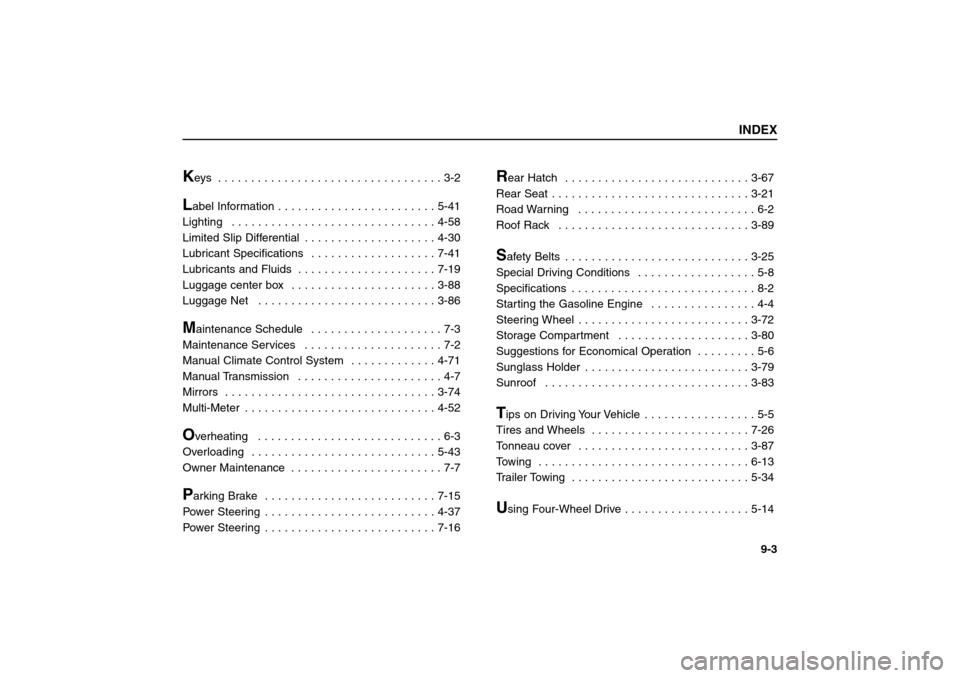 KIA Sorento 2006 1.G Owners Manual K
eys  . . . . . . . . . . . . . . . . . . . . . . . . . . . . . . . . . . 3-2
Label Information . . . . . . . . . . . . . . . . . . . . . . . . 5-41 
Lighting  . . . . . . . . . . . . . . . . . . . .