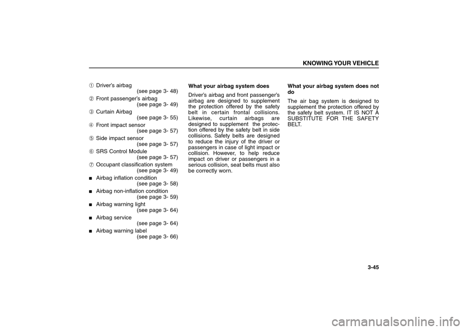 KIA Sorento 2006 1.G Workshop Manual ➀
Driver’s airbag
(see page 3- 48)
➁
Front passenger’s airbag
(see page 3- 49)
➂
Curtain Airbag
(see page 3- 55)
➃Front impact sensor
(see page 3- 57)
➄
Side impact sensor
(see page 3- 5 KIA Sorento 2006 1.G Workshop Manual ➀
Driver’s airbag
(see page 3- 48)
➁
Front passenger’s airbag
(see page 3- 49)
➂
Curtain Airbag
(see page 3- 55)
➃Front impact sensor
(see page 3- 57)
➄
Side impact sensor
(see page 3- 5