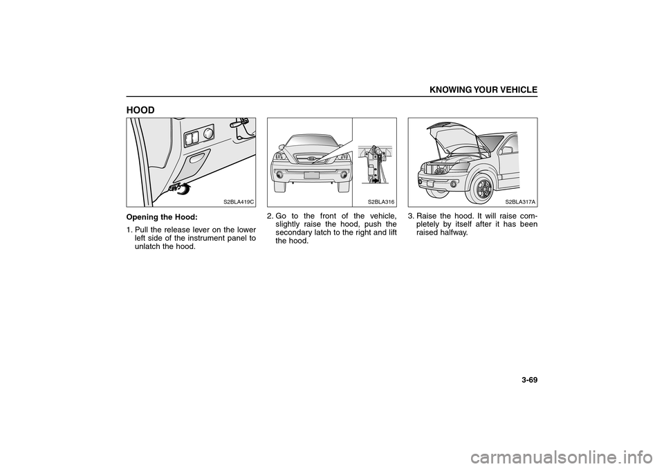KIA Sorento 2006 1.G Manual PDF HOODOpening the Hood:
1. Pull the release lever on the lower
left side of the instrument panel to
unlatch the hood.2. Go to the front of the vehicle,
slightly raise the hood, push the
secondary latch 