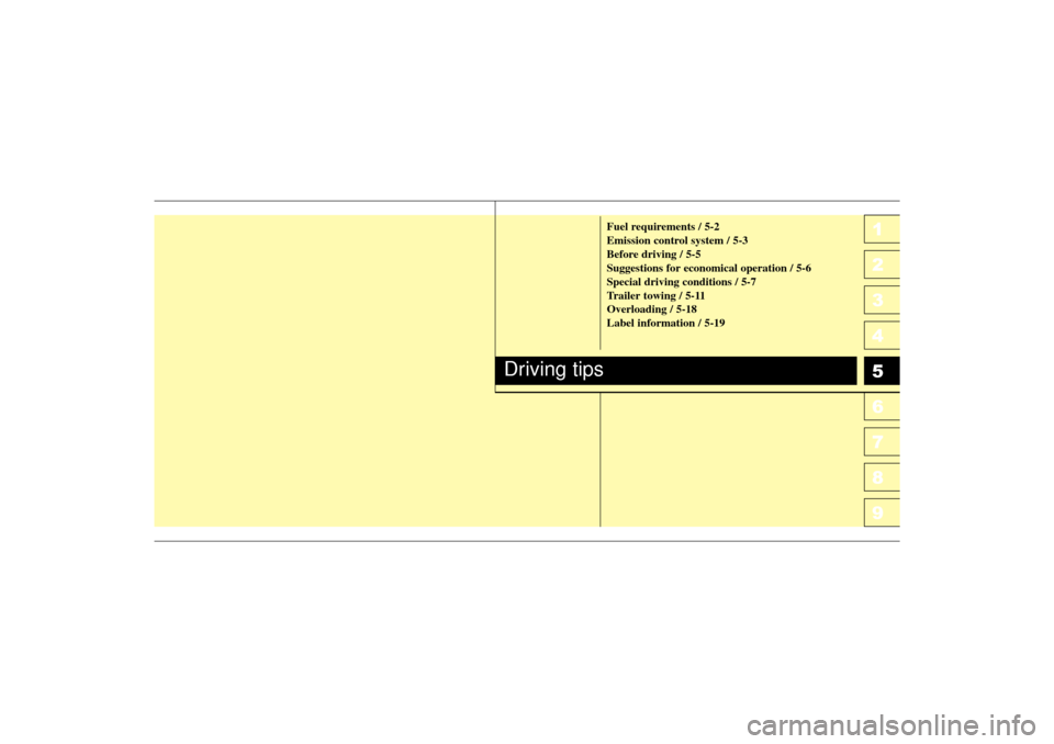 KIA Spectra 2006 2.G Owners Manual 1
2
3
4
5
6
7
8
91
2
3
4
5
6
7
8
9
Fuel requirements / 5-2
Emission control system / 5-3
Before driving / 5-5
Suggestions for economical operation / 5-6
Special driving conditions / 5-7
Trailer towing