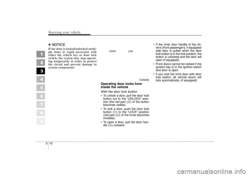 KIA Spectra 2006 2.G Owners Guide Knowing your vehicle10
3
1
2
3
4
5
6
7
8
9
✽ ✽
NOTICEIf the door is locked/unlocked multi-
ple times in rapid succession with
either the vehicle key or door lock
switch, the system may stop operat