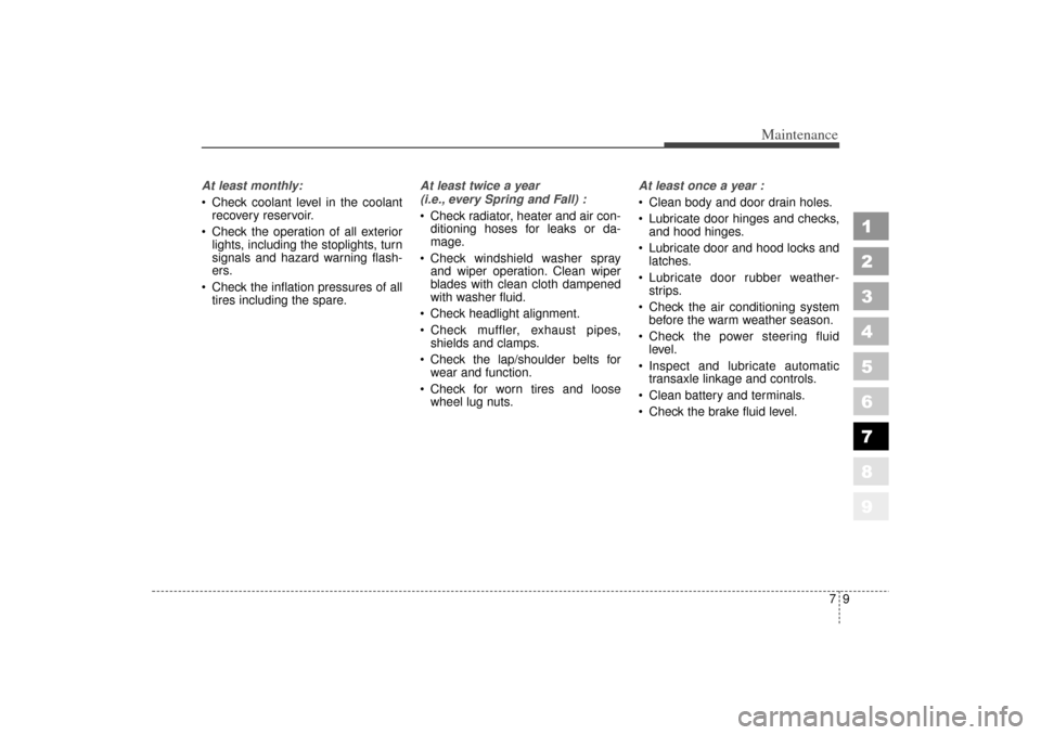 KIA Spectra 2006 2.G Owners Manual 79
Maintenance
1
2
3
4
5
6
7
8
9
At least monthly:
 Check coolant level in the coolantrecovery reservoir.
 Check the operation of all exterior lights, including the stoplights, turn
signals and haza