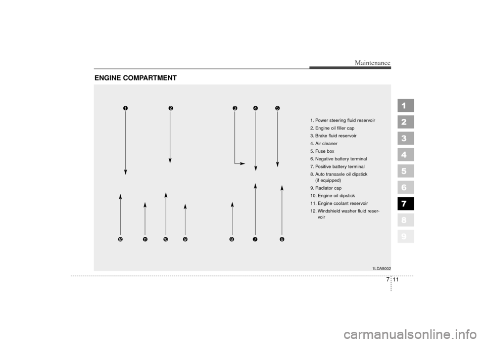 KIA Spectra 2006 2.G Owners Manual 711
Maintenance
1
2
3
4
5
6
7
8
9
ENGINE COMPARTMENT 
1LDA5002
1. Power steering fluid reservoir
2. Engine oil filler cap
3. Brake fluid reservoir
4. Air cleaner
5. Fuse box
6. Negative battery termin