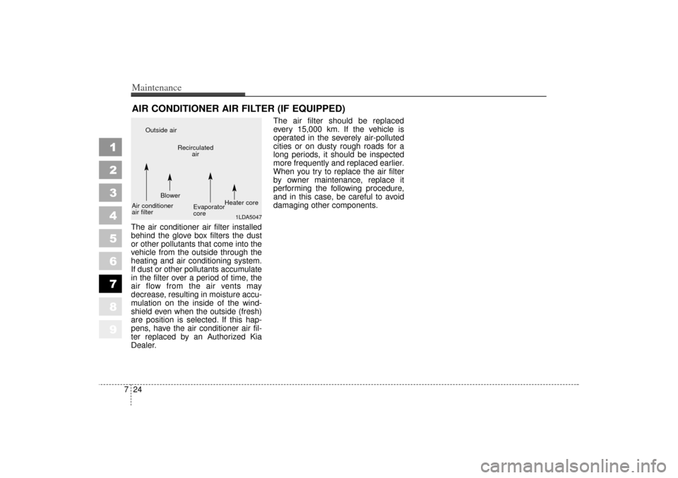 KIA Spectra 2006 2.G Owners Manual Maintenance24
7
1
2
3
4
5
6
7
8
9
AIR CONDITIONER AIR FILTER (IF EQUIPPED)The air conditioner air filter installed
behind the glove box filters the dust
or other pollutants that come into the
vehicle 
