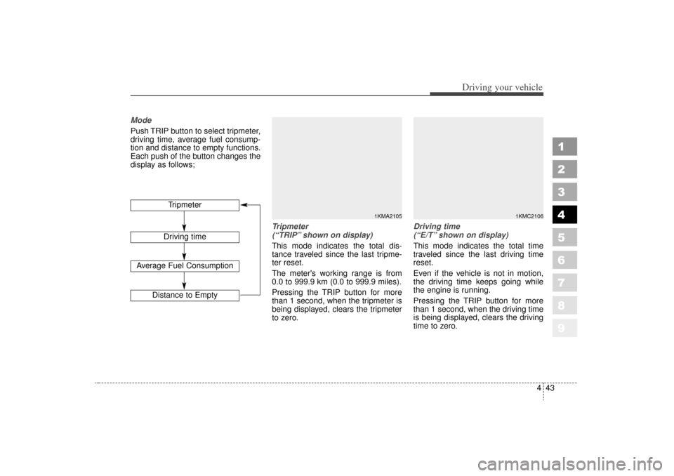 KIA Sportage 2006 JE_ / 2.G Owners Manual 443
Driving your vehicle
1
2
3
4
5
6
7
8
9
Mode
Push TRIP button to select tripmeter,
driving time, average fuel consump-
tion and distance to empty functions.
Each push of the button changes the
disp