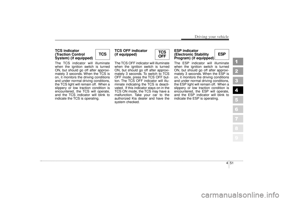 KIA Sportage 2006 JE_ / 2.G Owners Manual 451
Driving your vehicle
1
2
3
4
5
6
7
8
9
TCS indicator 
(Traction Control
System) (if equipped) The TCS indicator will illuminate
when the ignition switch is turned
ON, but should go off after appro