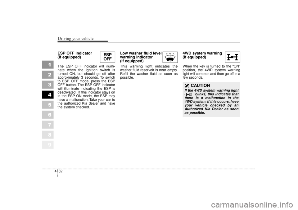 KIA Sportage 2006 JE_ / 2.G Owners Manual Driving your vehicle52
4
1
2
3
4
5
6
7
8
9
ESP OFF indicator
(if equipped)The ESP OFF indicator will illumi-
nate when the ignition switch is
turned ON, but should go off after
approximately 3 seconds