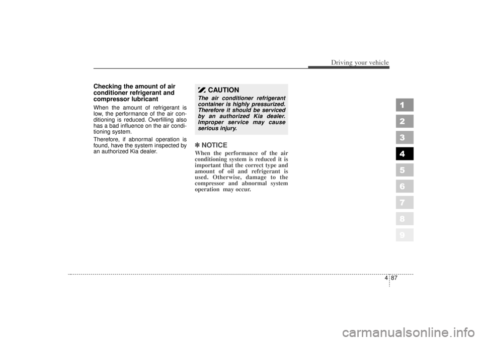 KIA Sportage 2006 JE_ / 2.G Owners Manual 487
Driving your vehicle
1
2
3
4
5
6
7
8
9
Checking the amount of air
conditioner refrigerant and
compressor lubricantWhen the amount of refrigerant is
low, the performance of the air con-
ditioning i