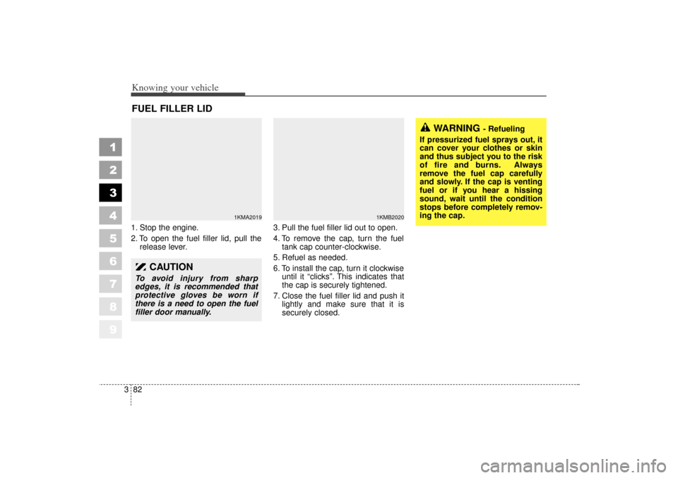 KIA Sportage 2006 JE_ / 2.G Owners Guide Knowing your vehicle82
3
1
2
3
4
5
6
7
8
9
1. Stop the engine.
2. To open the fuel filler lid, pull the
release lever. 3. Pull the fuel filler lid out to open.
4. To remove the cap, turn the fuel
tank KIA Sportage 2006 JE_ / 2.G Owners Guide Knowing your vehicle82
3
1
2
3
4
5
6
7
8
9
1. Stop the engine.
2. To open the fuel filler lid, pull the
release lever. 3. Pull the fuel filler lid out to open.
4. To remove the cap, turn the fuel
tank