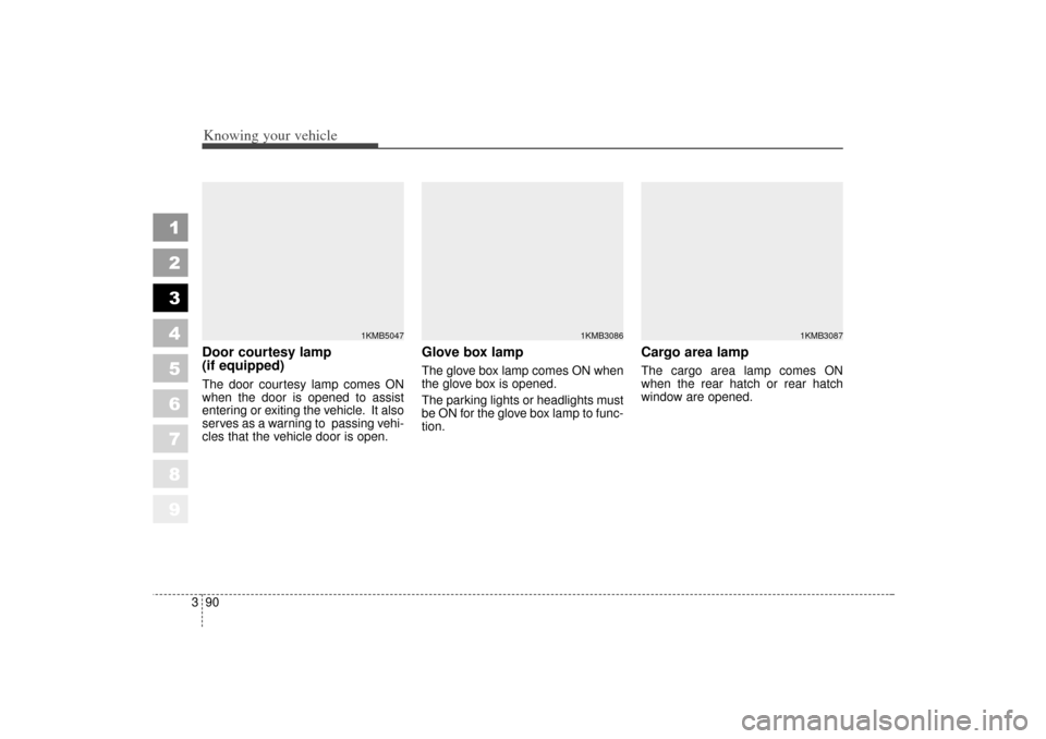 KIA Sportage 2006 JE_ / 2.G Service Manual Knowing your vehicle90
3
1
2
3
4
5
6
7
8
9
Door courtesy lamp
(if equipped)The door courtesy lamp comes ON
when the door is opened to assist
entering or exiting the vehicle. It also
serves as a warni KIA Sportage 2006 JE_ / 2.G Service Manual Knowing your vehicle90
3
1
2
3
4
5
6
7
8
9
Door courtesy lamp
(if equipped)The door courtesy lamp comes ON
when the door is opened to assist
entering or exiting the vehicle. It also
serves as a warni