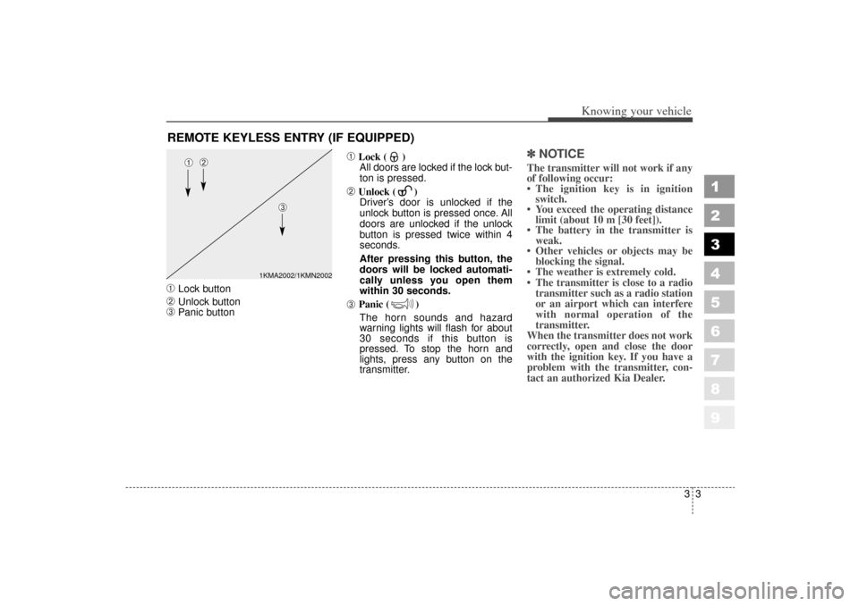 KIA Sportage 2006 JE_ / 2.G Owners Manual 33
Knowing your vehicle
1
2
3
4
5
6
7
8
9
➀
Lock button
➁
Unlock button
➂
Panic button
➀
Lock ( )All doors are locked if the lock but-
ton is pressed.
➁
Unlock ( ) Driver’s door is unlocke