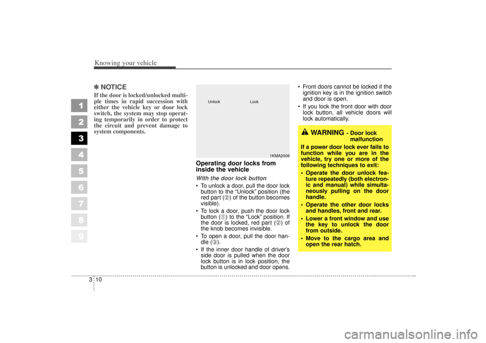 KIA Sportage 2006 JE_ / 2.G Manual PDF Knowing your vehicle10
3
1
2
3
4
5
6
7
8
9
✽ ✽
NOTICEIf the door is locked/unlocked multi-
ple times in rapid succession with
either the vehicle key or door lock
switch, the system may stop operat KIA Sportage 2006 JE_ / 2.G Manual PDF Knowing your vehicle10
3
1
2
3
4
5
6
7
8
9
✽ ✽
NOTICEIf the door is locked/unlocked multi-
ple times in rapid succession with
either the vehicle key or door lock
switch, the system may stop operat