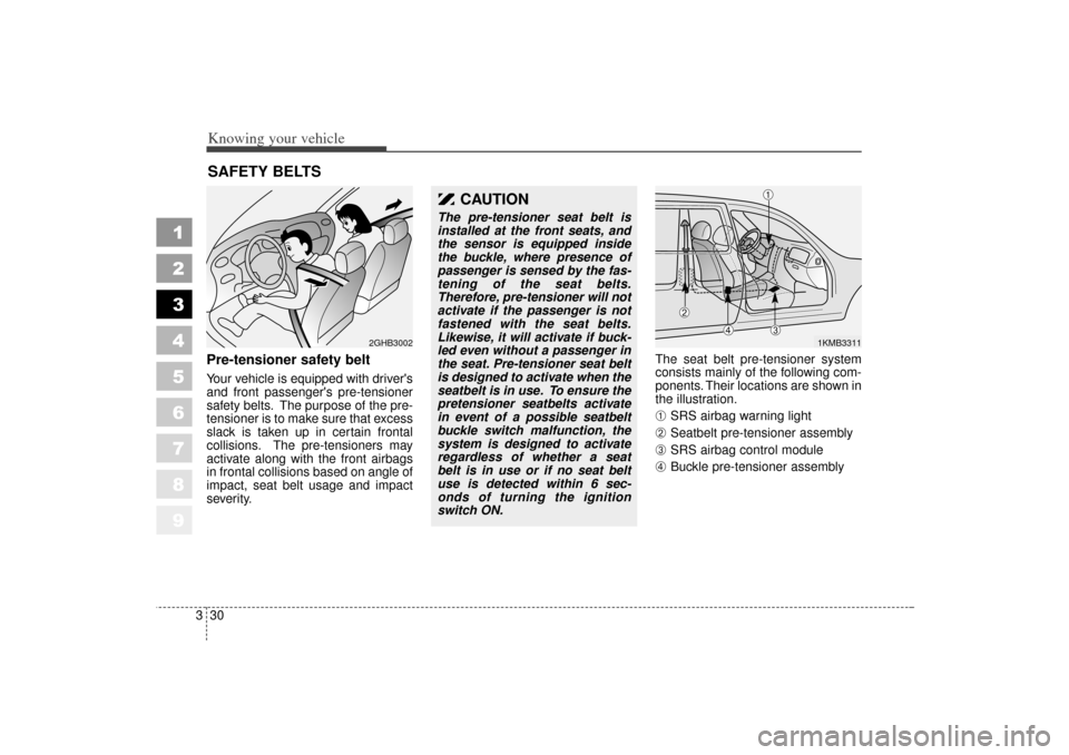 KIA Sportage 2006 JE_ / 2.G Owners Manual Knowing your vehicle30
3
1
2
3
4
5
6
7
8
9
Pre-tensioner safety belt Your vehicle is equipped with drivers
and front passengers pre-tensioner
safety belts. The purpose of the pre-
tensioner is to ma KIA Sportage 2006 JE_ / 2.G Owners Manual Knowing your vehicle30
3
1
2
3
4
5
6
7
8
9
Pre-tensioner safety belt Your vehicle is equipped with drivers
and front passengers pre-tensioner
safety belts. The purpose of the pre-
tensioner is to ma