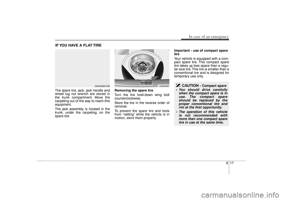 KIA Opirus 2007 1.G User Guide 617
In case of an emergency
IF YOU HAVE A FLAT TIRE The spare tire, jack, jack handle and
wheel lug nut wrench are stored in
the trunk compartment. Move the
carpeting out of the way to reach this
equi KIA Opirus 2007 1.G User Guide 617
In case of an emergency
IF YOU HAVE A FLAT TIRE The spare tire, jack, jack handle and
wheel lug nut wrench are stored in
the trunk compartment. Move the
carpeting out of the way to reach this
equi