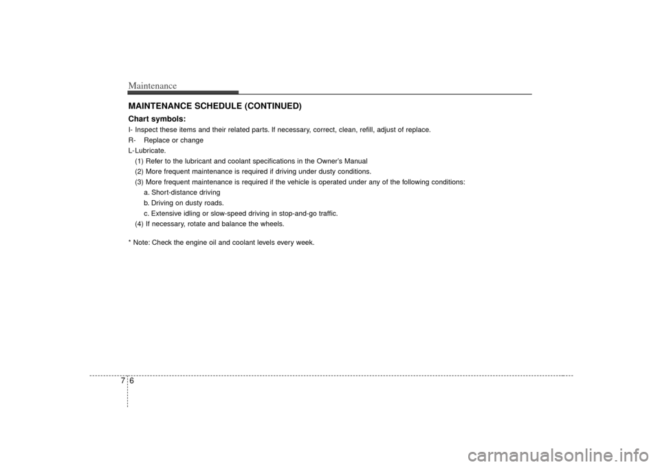 KIA Amanti 2007 1.G Owners Manual Maintenance67MAINTENANCE SCHEDULE (CONTINUED)Chart symbols:I- Inspect these items and their related parts. If necessary, correct, clean, refill, adjust of replace.
R- Replace or change
L- Lubricate.(1