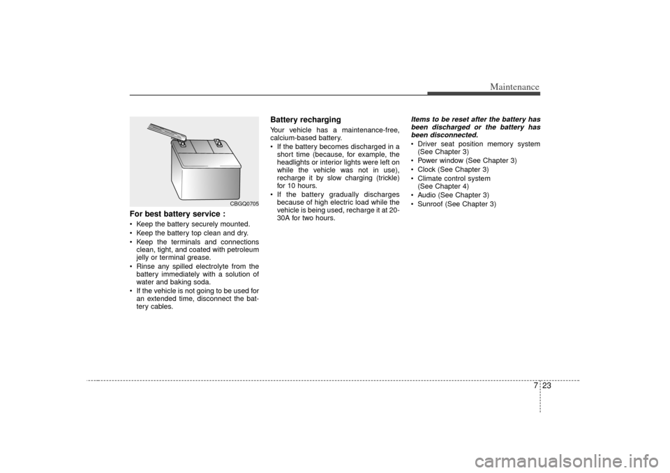 KIA Opirus 2007 1.G Owners Manual 723
Maintenance
For best battery service : Keep the battery securely mounted.
 Keep the battery top clean and dry.
 Keep the terminals and connectionsclean, tight, and coated with petroleum
jelly or t