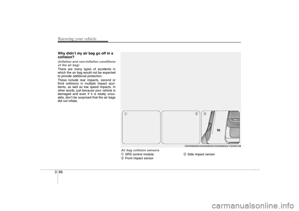 KIA Opirus 2007 1.G Manual PDF Knowing your vehicle66
3Why didn’t my air bag go off in a
collision? (Inflation and non-inflation conditions
of the air bag)There are many types of accidents in
which the air bag would not be expect
