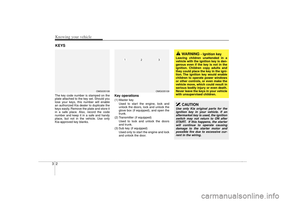 KIA Optima 2007 2.G Owners Manual Knowing your vehicle23The key code number is stamped on the
plate attached to the key set. Should you
lose your keys, this number will enable
an authorized Kia dealer to duplicate the
keys easily. Rem