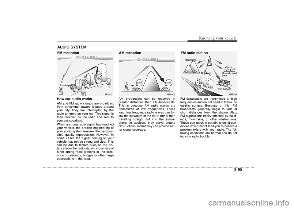 KIA Magnetis 2007 2.G Owners Manual 395
Knowing your vehicle
How car audio worksAM and FM radio signals are broadcast
from transmitter towers located around
your city. They are intercepted by the
radio antenna on your car. This signal i KIA Magnetis 2007 2.G Owners Manual 395
Knowing your vehicle
How car audio worksAM and FM radio signals are broadcast
from transmitter towers located around
your city. They are intercepted by the
radio antenna on your car. This signal i