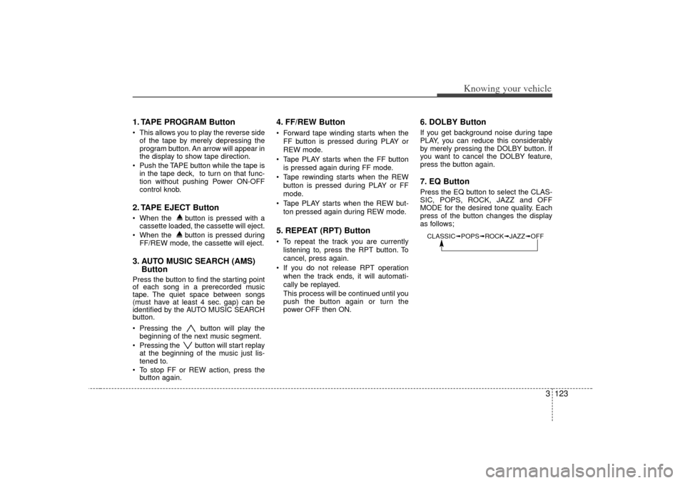 KIA Magnetis 2007 2.G Owners Manual 3 123
Knowing your vehicle
1. TAPE PROGRAM Button This allows you to play the reverse sideof the tape by merely depressing the
program button. An arrow will appear in
the display to show tape directi KIA Magnetis 2007 2.G Owners Manual 3 123
Knowing your vehicle
1. TAPE PROGRAM Button This allows you to play the reverse sideof the tape by merely depressing the
program button. An arrow will appear in
the display to show tape directi