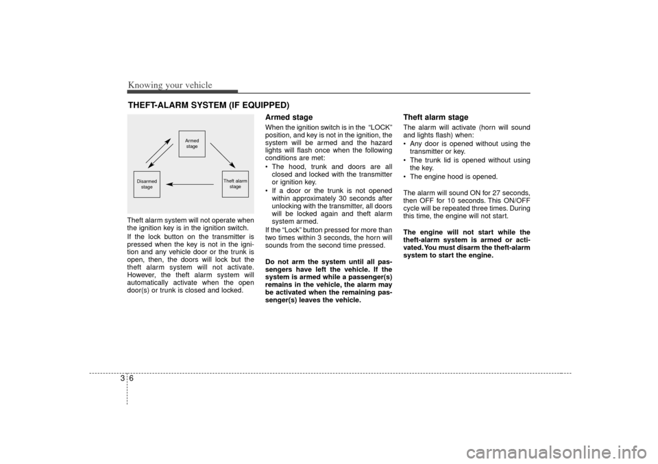 KIA Optima 2007 2.G Owners Manual Knowing your vehicle63Theft alarm system will not operate when
the ignition key is in the ignition switch.
If the lock button on the transmitter is
pressed when the key is not in the igni-
tion and an