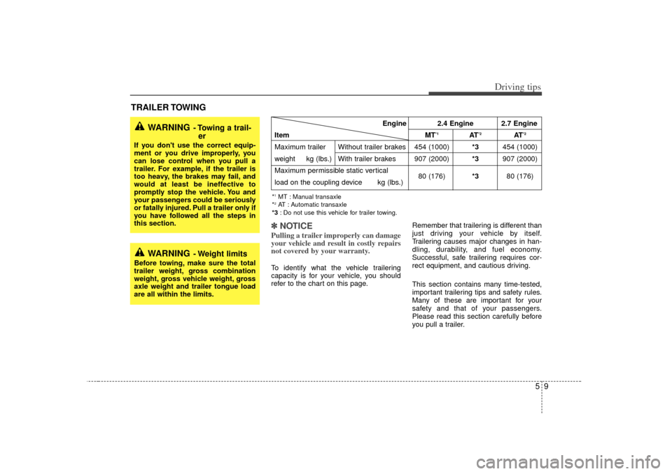 KIA Optima 2007 2.G Owners Manual 59
Driving tips
TRAILER TOWING✽
✽NOTICE
Pulling a trailer improperly can damage
your vehicle and result in costly repairs
not covered by your warranty.  To identify what the vehicle trailering
cap