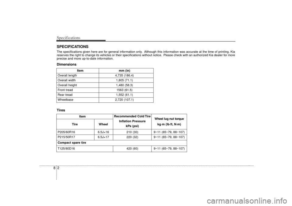 KIA Magnetis 2007 2.G Owners Manual Specifications28
Itemmm (in)
Overall length 4,735 (186.4)
Overall width 1,805 (71.1)
Overall height  1,480 (58.3)
Front tread 1563 (61.5)
Rear tread 1,552 (61.1)
Wheelbase 2,720 (107.1)
SPECIFICATIONS
