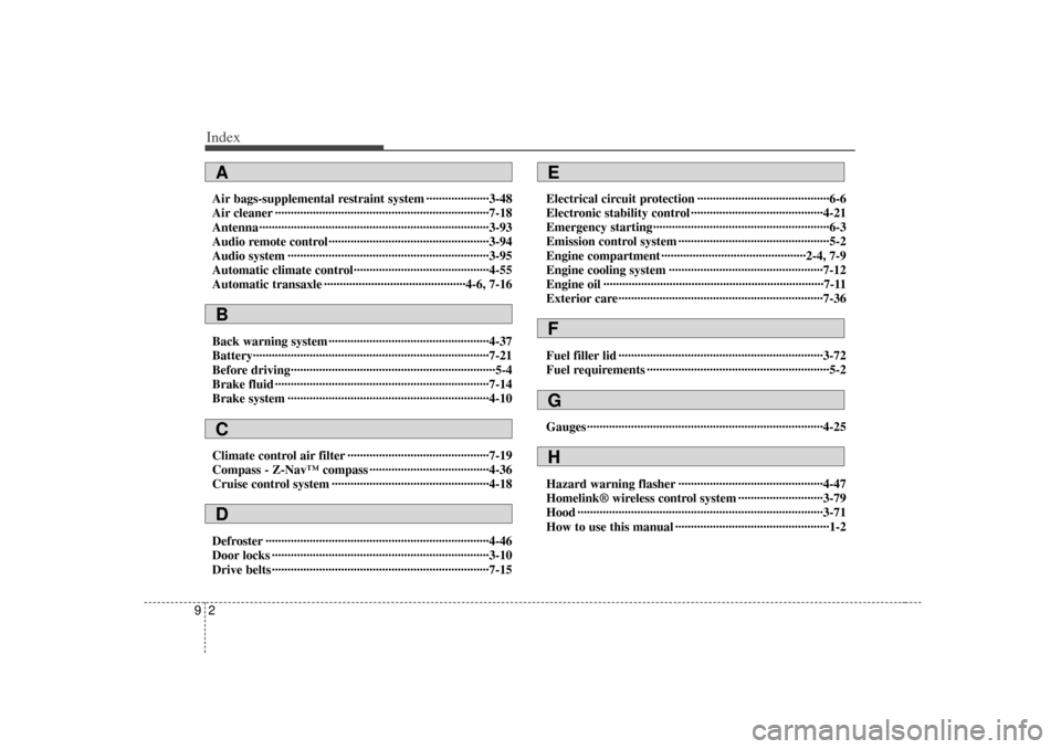 KIA Optima 2007 2.G Owners Manual Index29Air bags-supplemental restraint system ··················\
··3-48
Air cleaner ··················\
··················\
········· KIA Optima 2007 2.G Owners Manual Index29Air bags-supplemental restraint system ··················\
··3-48
Air cleaner ··················\
··················\
·········Â