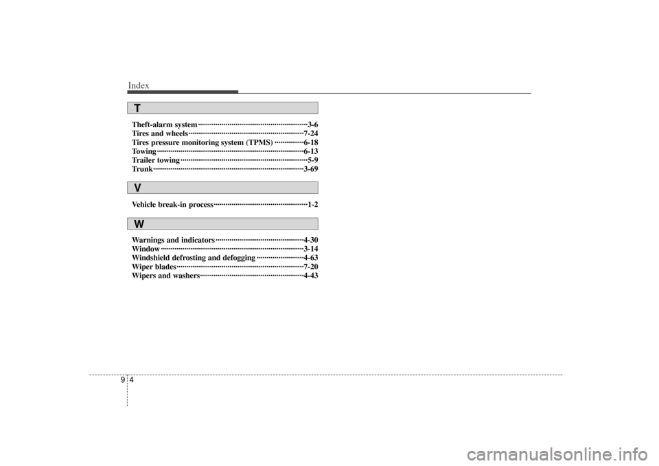 KIA Magnetis 2007 2.G Owners Manual Index49Theft-alarm system ··················\
··················\
··················\
··3-6
Tires and wheels··················