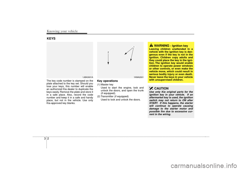 KIA Rio 2007 2.G Owners Manual Knowing your vehicle23The key code number is stamped on the
plate attached to the key set. Should you
lose your keys, this number will enable
an authorized Kia dealer to duplicate the
keys easily. Rem