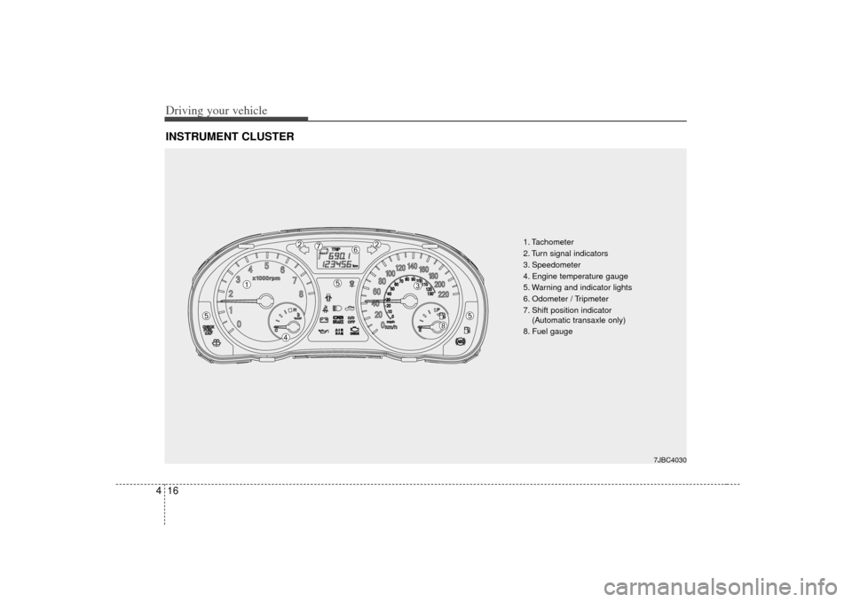 KIA Rio 2007 2.G Owners Manual Driving your vehicle16
4INSTRUMENT CLUSTER
1. Tachometer
2. Turn signal indicators
3. Speedometer
4. Engine temperature gauge
5. Warning and indicator lights
6. Odometer / Tripmeter
7. Shift position KIA Rio 2007 2.G Owners Manual Driving your vehicle16
4INSTRUMENT CLUSTER
1. Tachometer
2. Turn signal indicators
3. Speedometer
4. Engine temperature gauge
5. Warning and indicator lights
6. Odometer / Tripmeter
7. Shift position